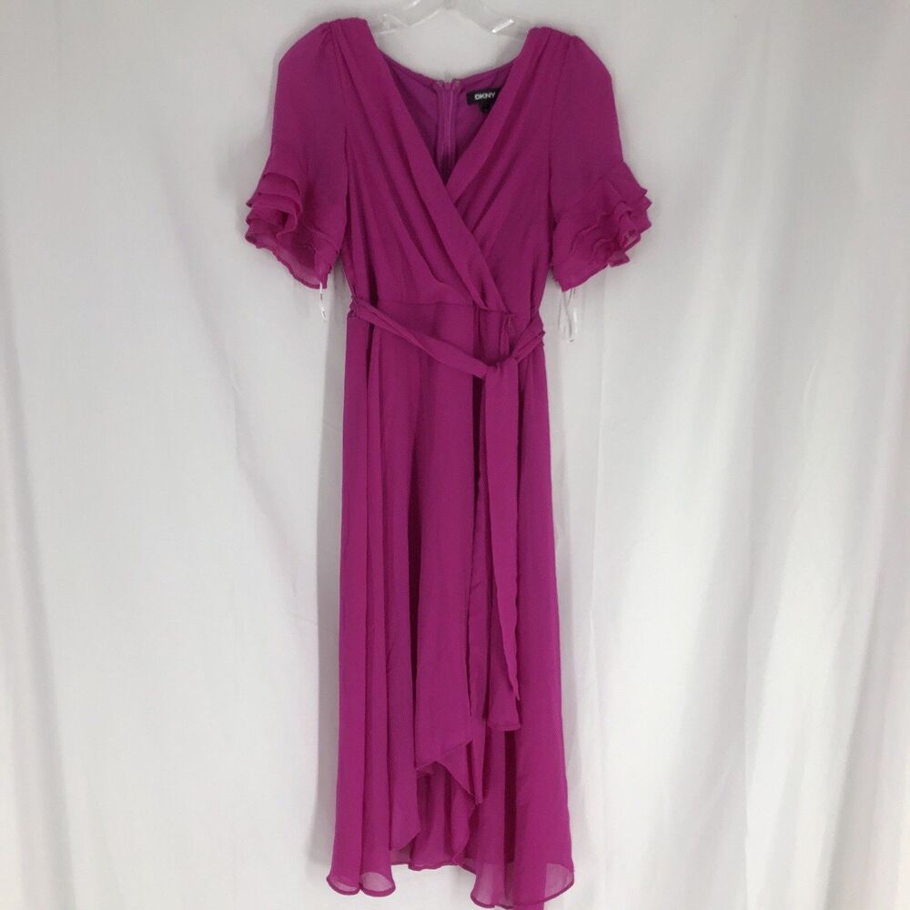 DKNY Fuchsia Solid Chiffon Wrap Midi Dress V-Neck Flutter Sleeve Tie Belted 4